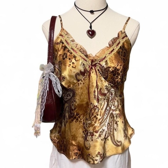 The Unbranded Brand Tops - Vintage Y2K Brown Animal Leopard / Paisley Satin Cami Tank Top Sz Small Boho